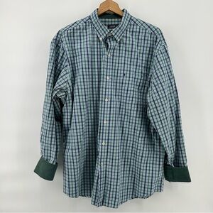 IZOD Premium Essentials Men's Long Sleeve Shirt Sz L Plaid Flip Cuff Blue Green